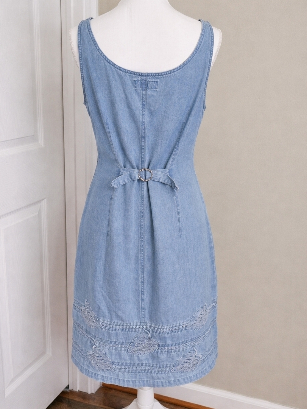 Y2K Denim Jumper Dress Coastal Cowgirl Tropical Monstera Midi Light Wash - Picture 8 of 13